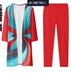 New Asymetrics Women's Red /L.Blue Long Sleeve Cardigan and Leggings Sets